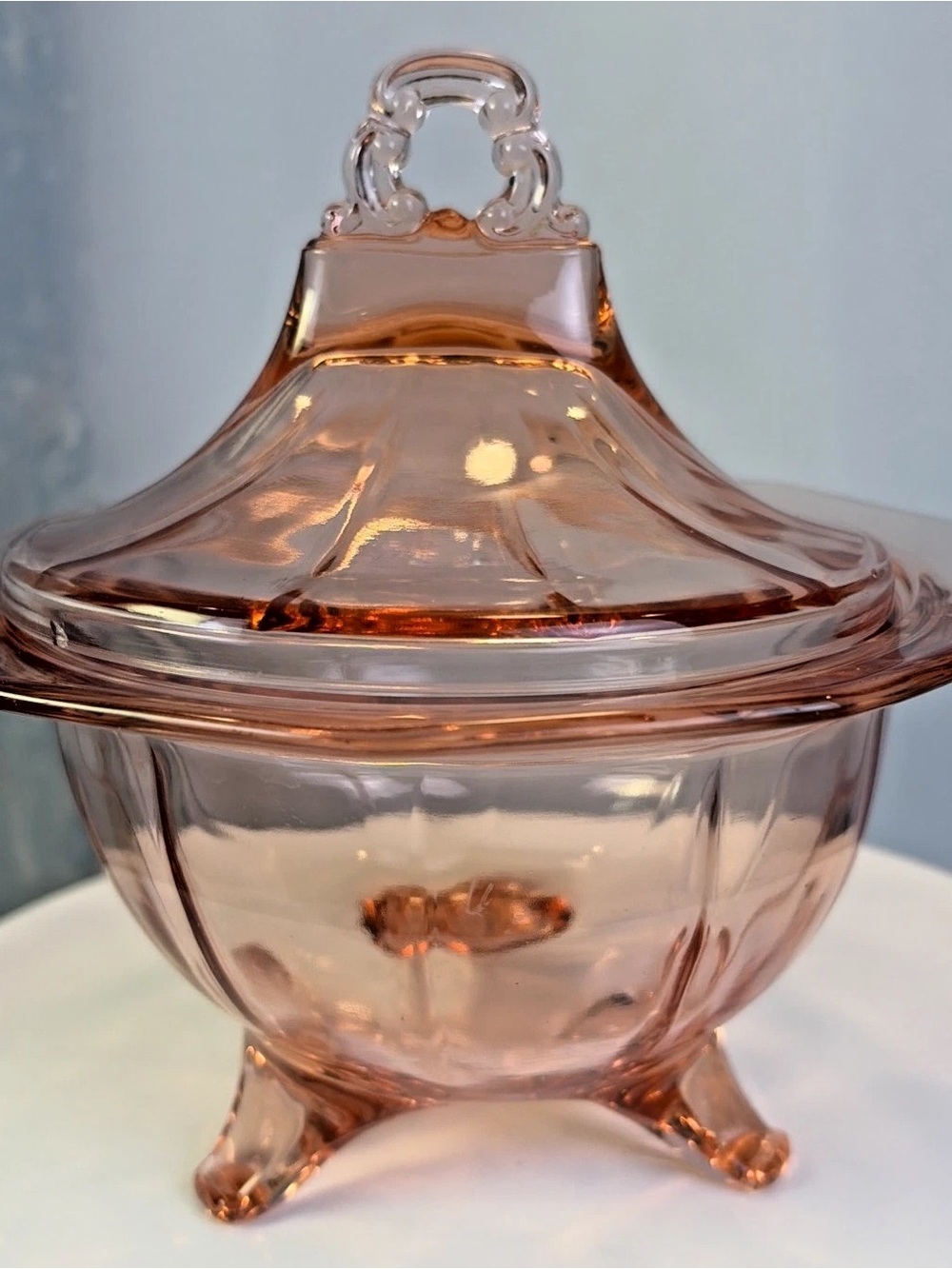 Pink Depression Glass 3-Footed Round Candy Nut Dish with Lid 6.5” Tall